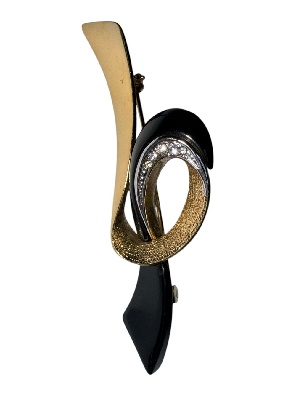 Vintage Balmain Paris Signed Black Enamel Gold tone Rhinestone Abstract Brooch